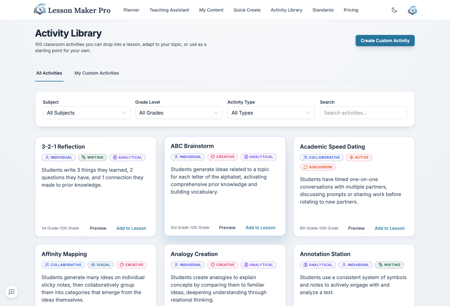 The Activity Library with searchable activity cards, each tagged by type and grade range