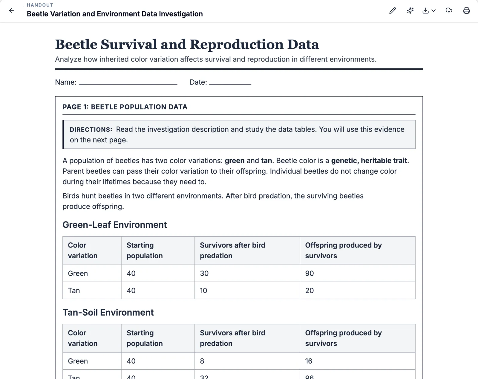 Lesson Maker Pro handout 'Beetle Survival and Reproduction Data': directions, a green-leaf environment data table, and a tan-soil environment data table