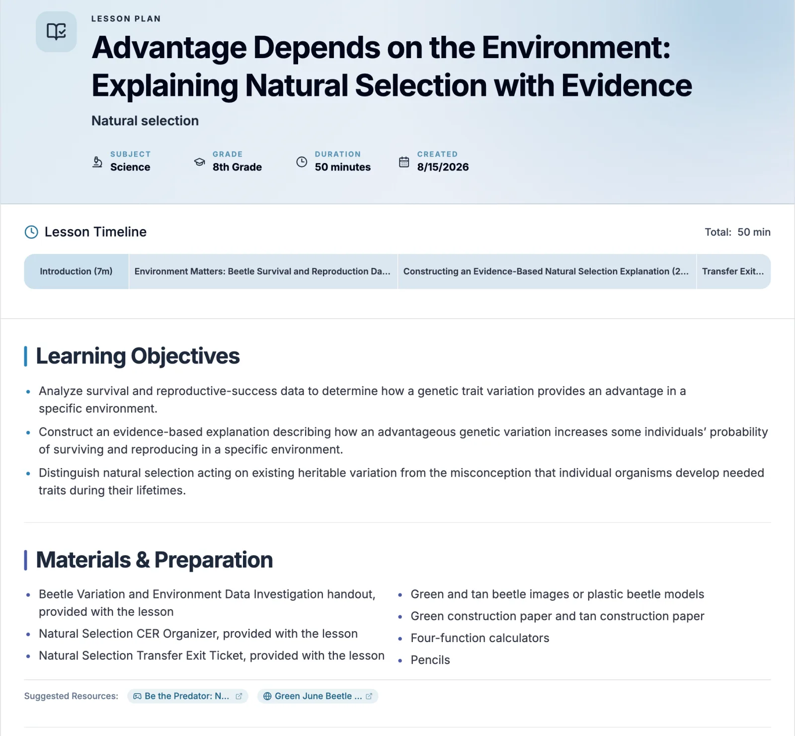 Top of the Lesson Maker Pro lesson page: title, subject, grade, 50-minute timeline, learning objectives, and materials list