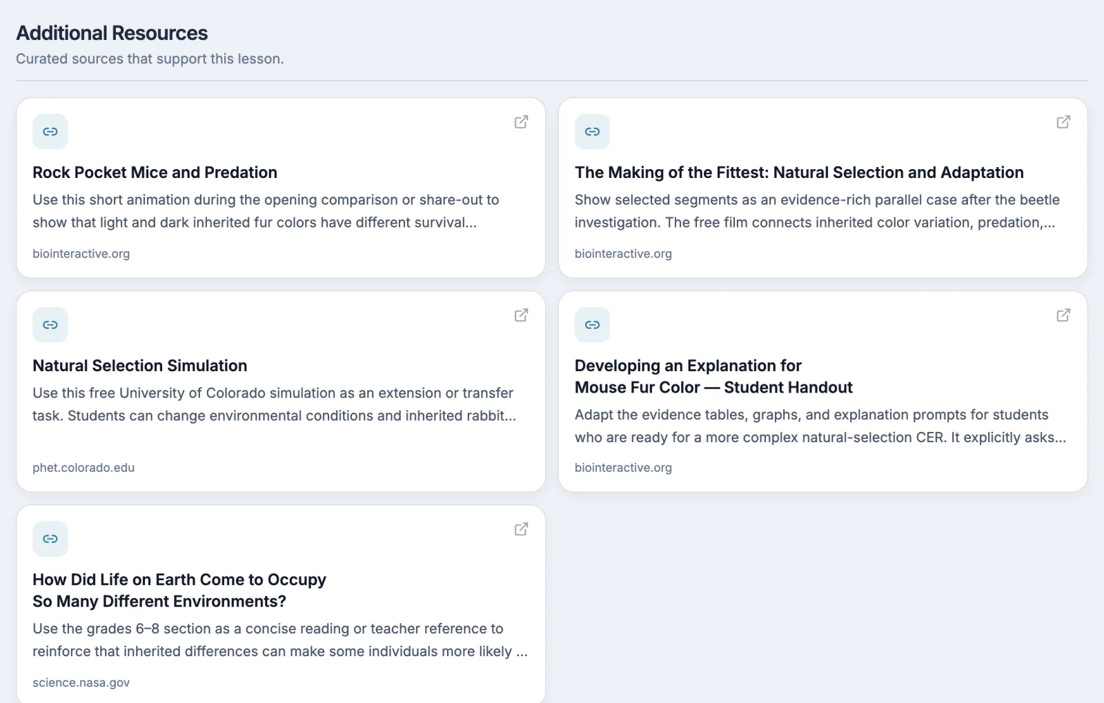 Lesson Maker Pro Additional Resources section: five linked cards from biointeractive.org, phet.colorado.edu, and science.nasa.gov, each with a note on where it fits in the lesson