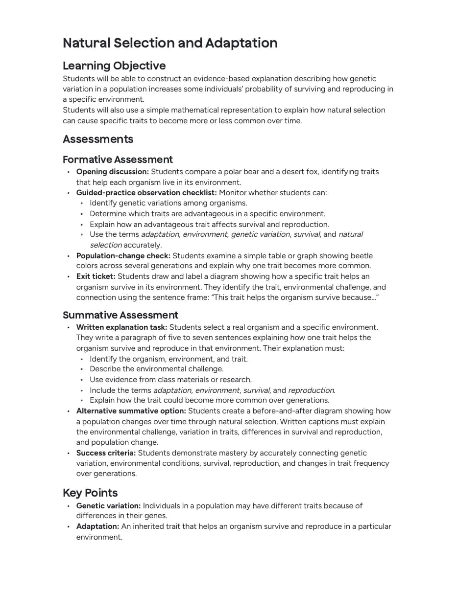 First page of the MagicSchool lesson plan PDF: title, learning objective, and assessment sections as plain text
