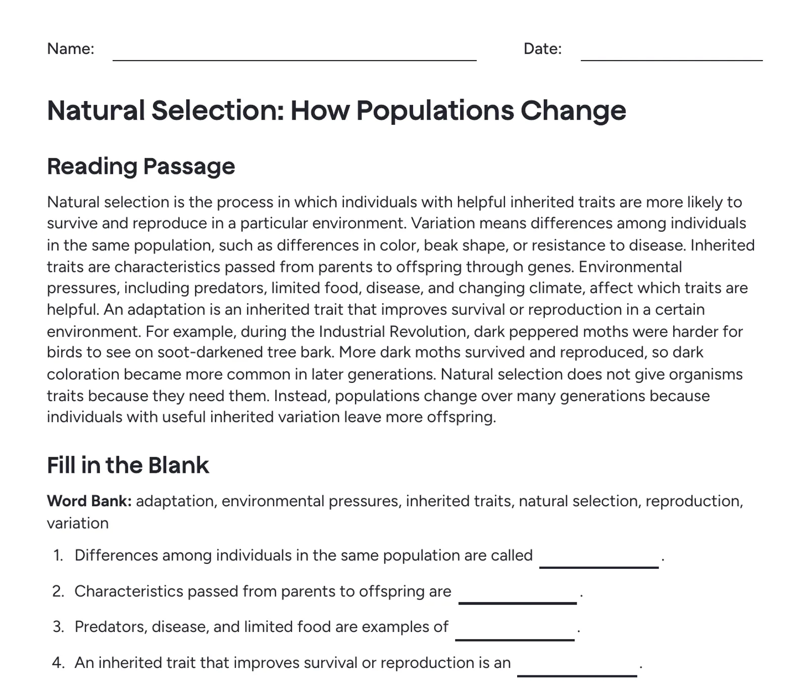 Page 1 of the MagicSchool Worksheet Generator PDF: 'Natural Selection: How Populations Change', a reading passage about peppered moths and a fill-in-the-blank section