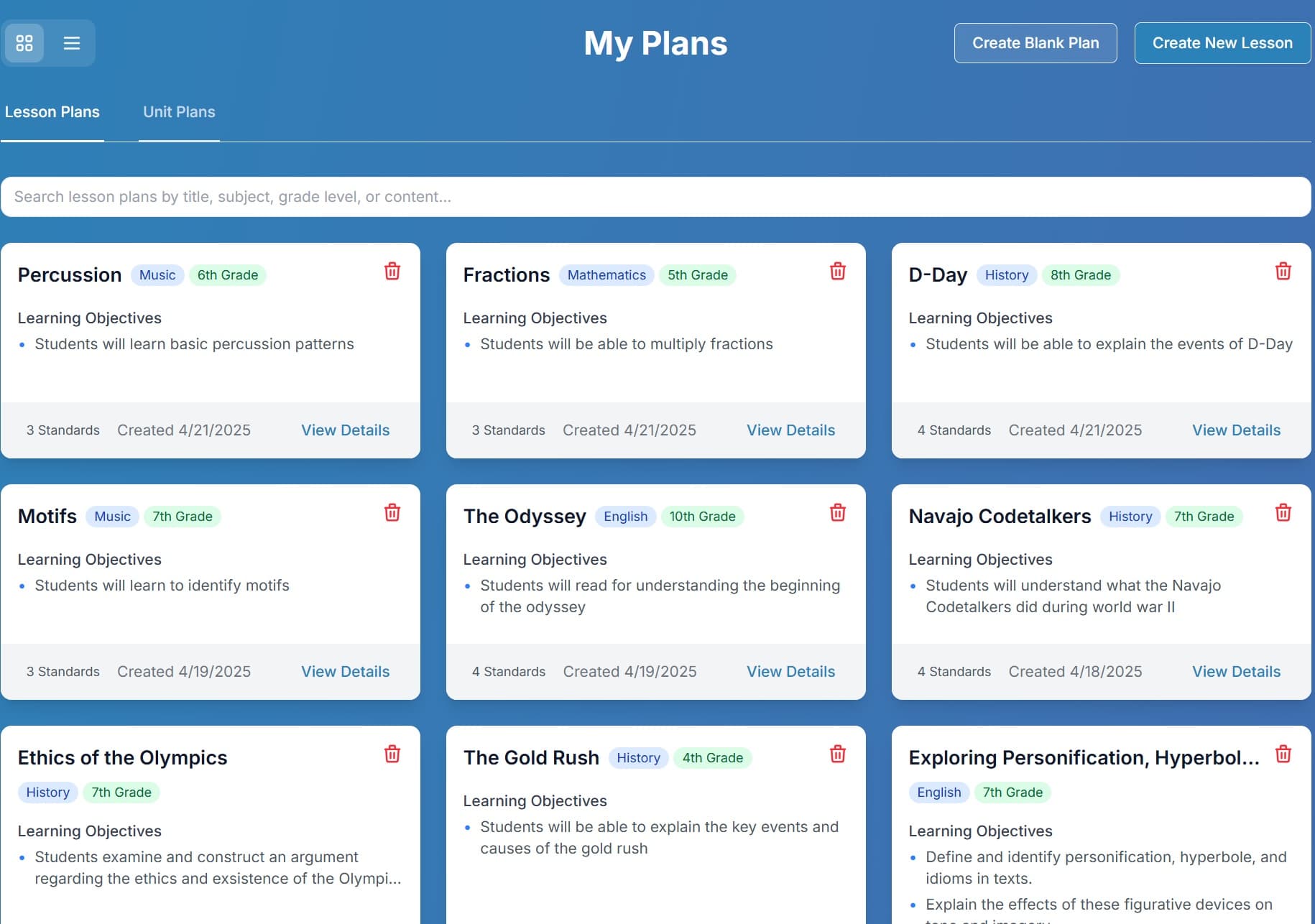 Lesson dashboard interface showing organized lesson plans