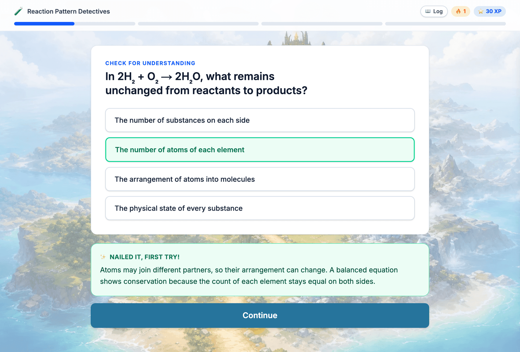 The student experience player mid-lesson: a chemistry check for understanding over an illustrated volcano map world, with XP, a streak counter, and level progress in the header