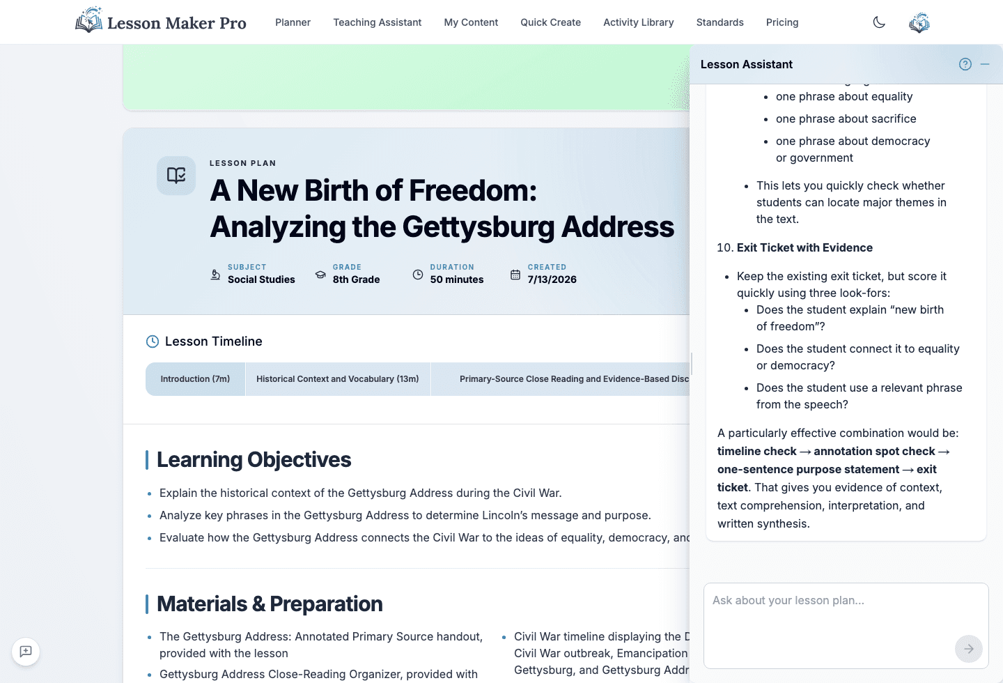 A Gettysburg Address lesson plan open beside the lesson chat panel