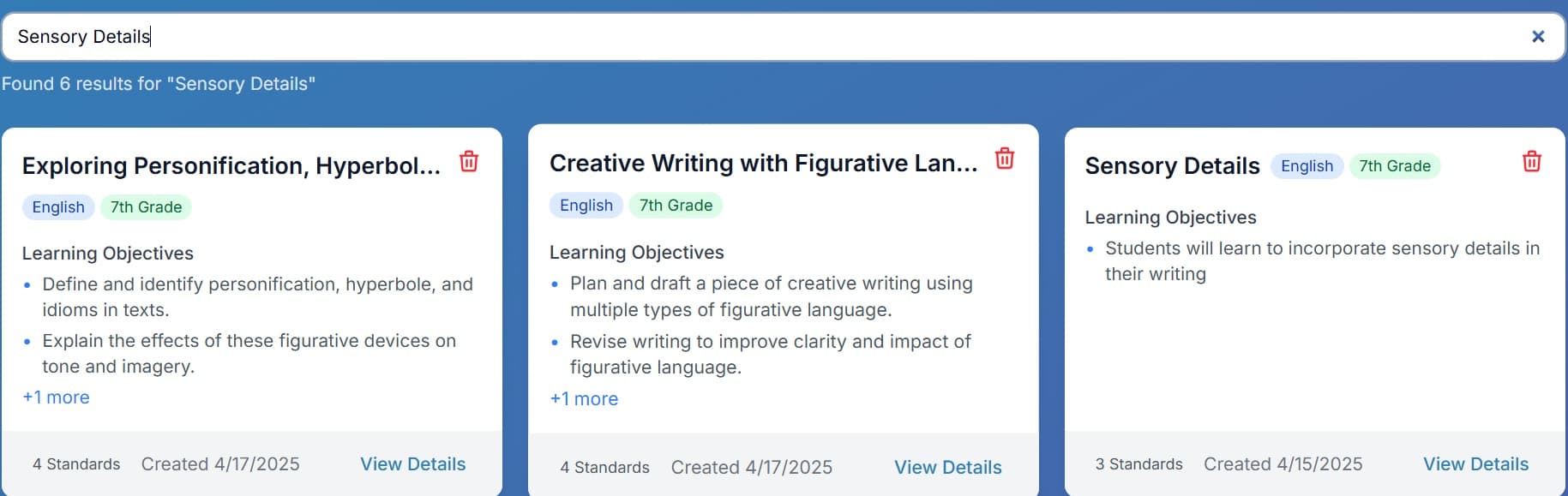 Searching for lesson plans in the dashboard