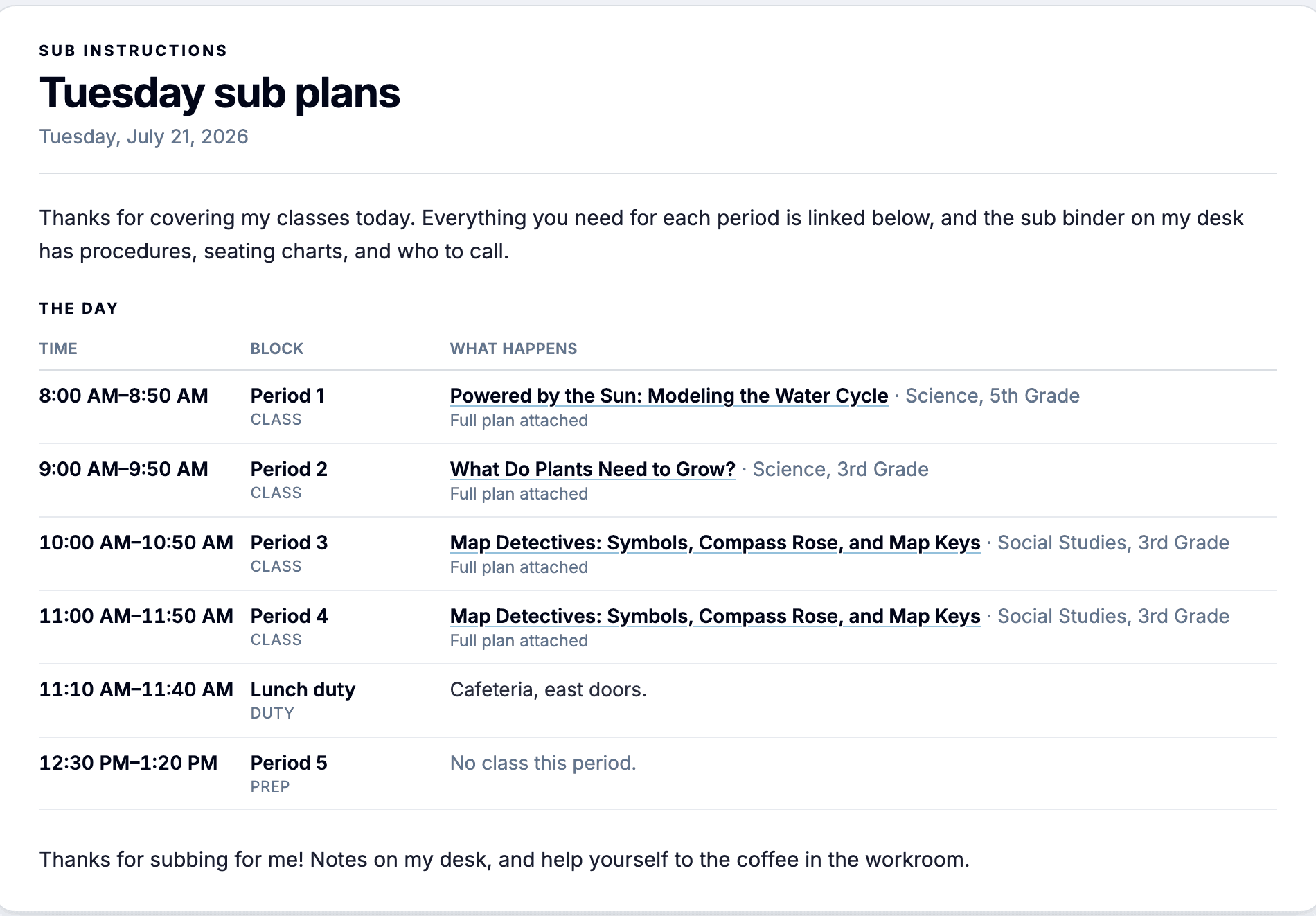A sub day one-pager: every period with its times, the lesson linked into each class, and notes to the sub