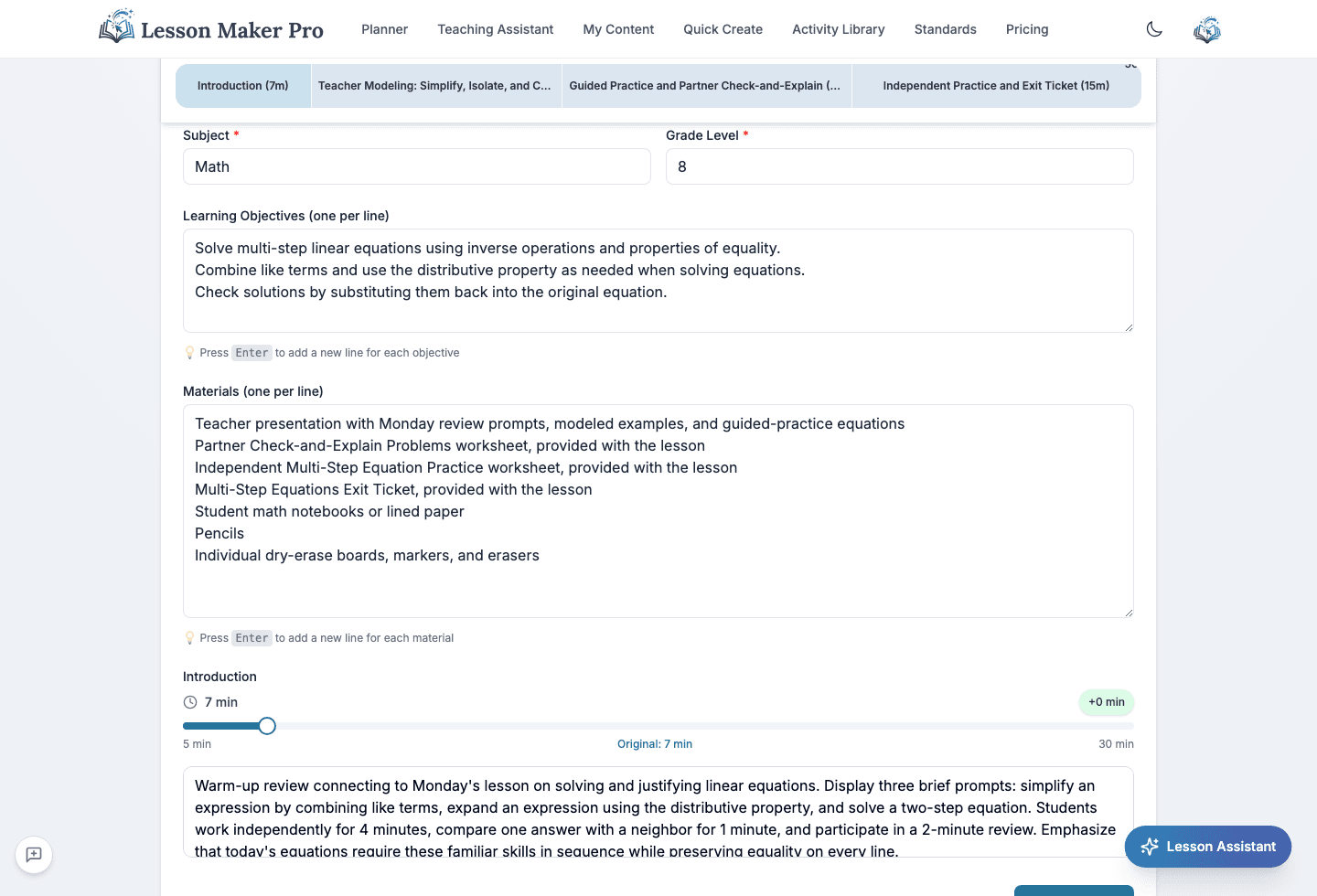 The lesson editor with its timeline header reading On target and every section carrying its own minutes