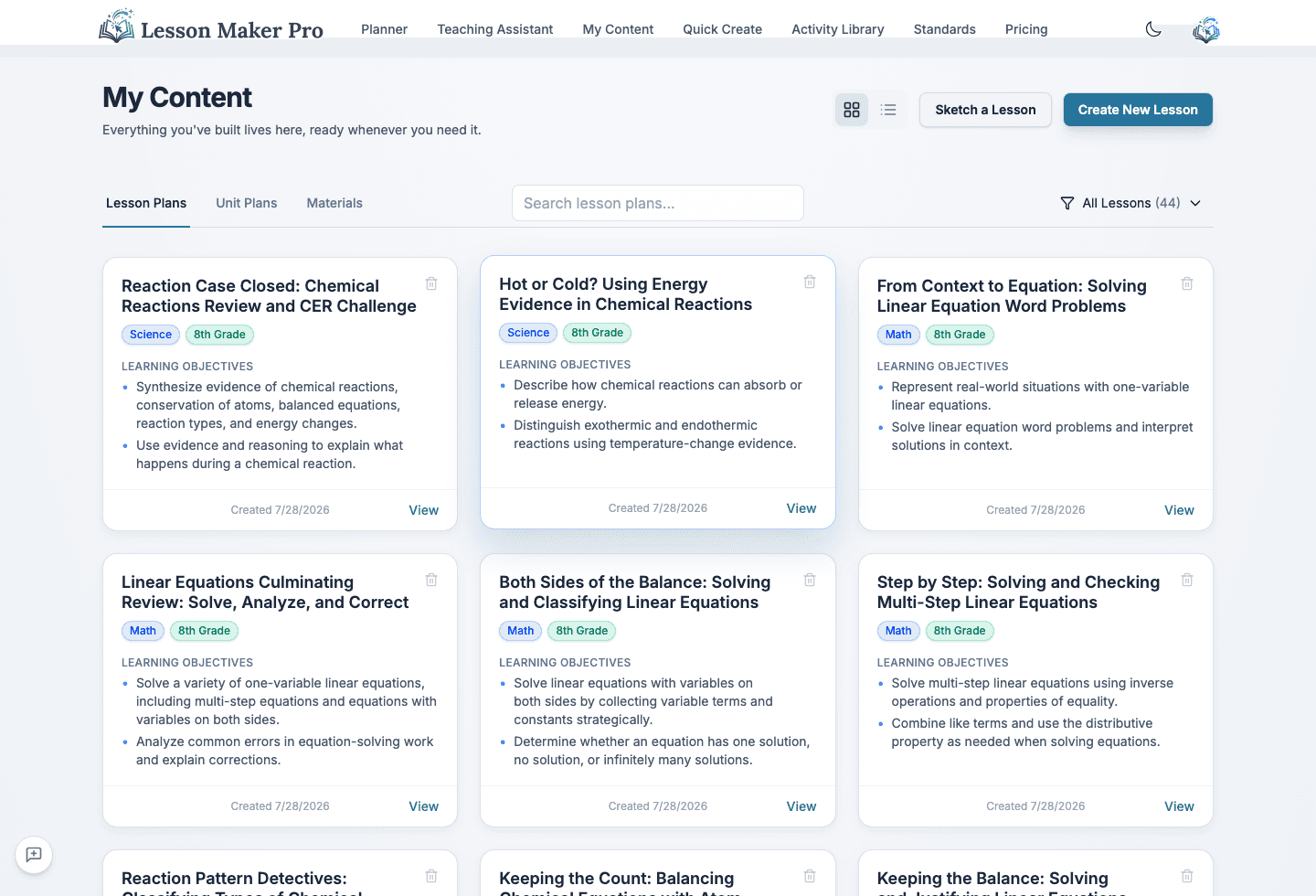 The My Content dashboard with lesson plans in a searchable grid, each tagged by subject and grade
