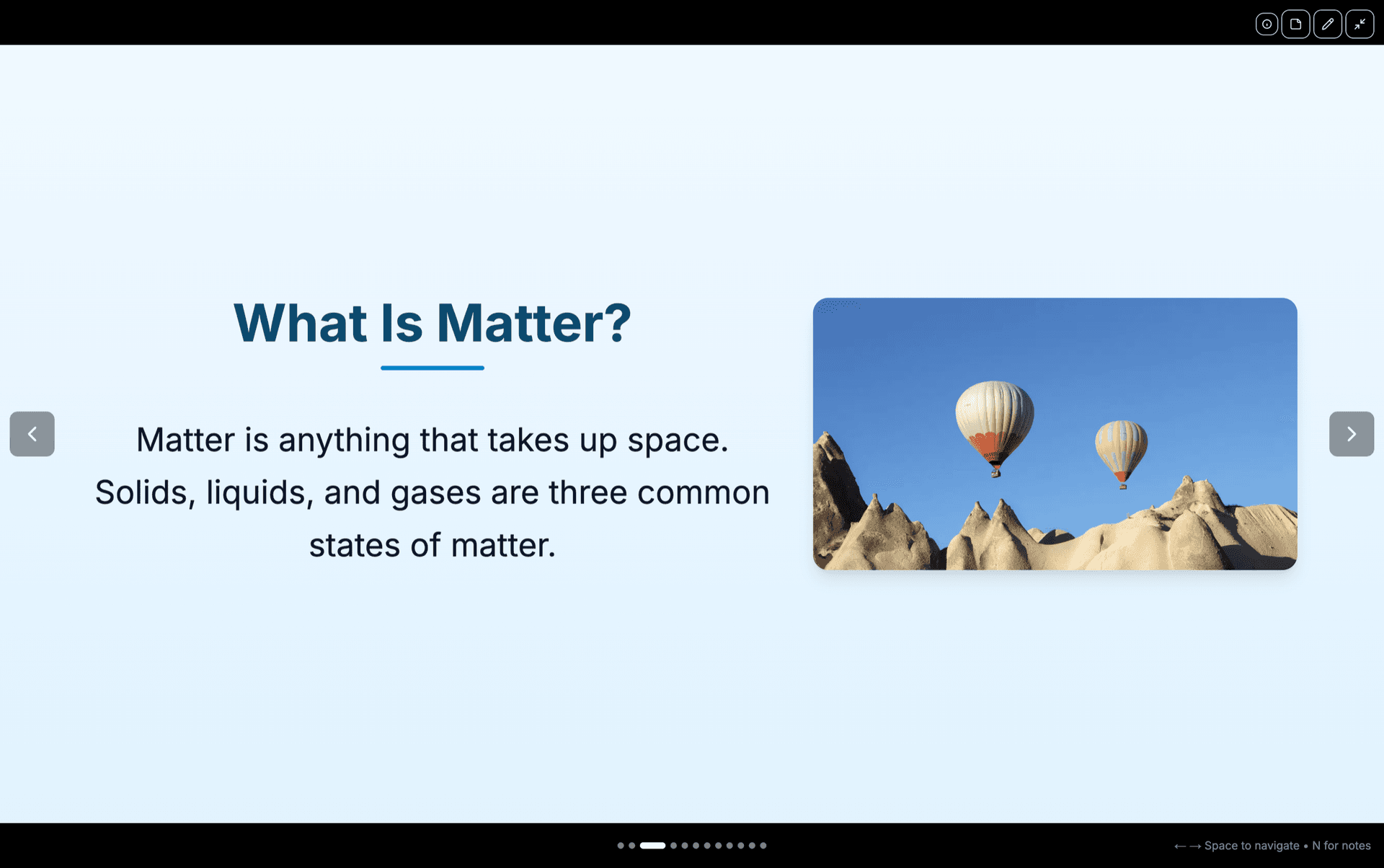 A split slide titled What Is Matter, with lesson text beside a photo, shown in the presentation viewer