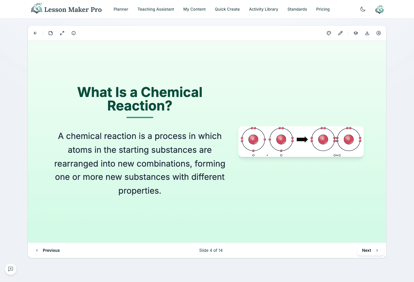 A split slide titled What Is a Chemical Reaction, with a definition beside an atom diagram, in the presentation viewer