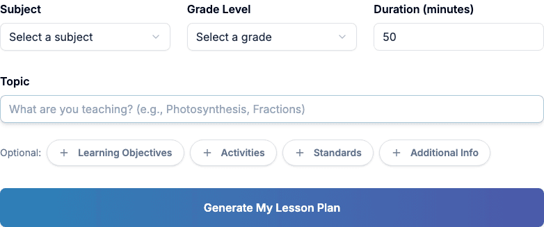 The Quick Create form with subject, grade level, topic, and optional fields
