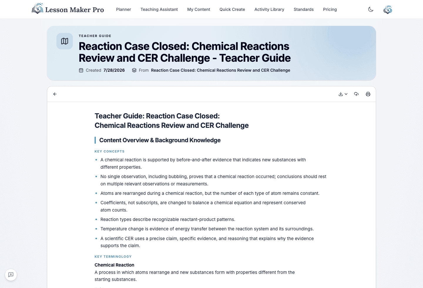 A generated teacher guide open in its viewer, with key concepts and terminology, ready to download or print