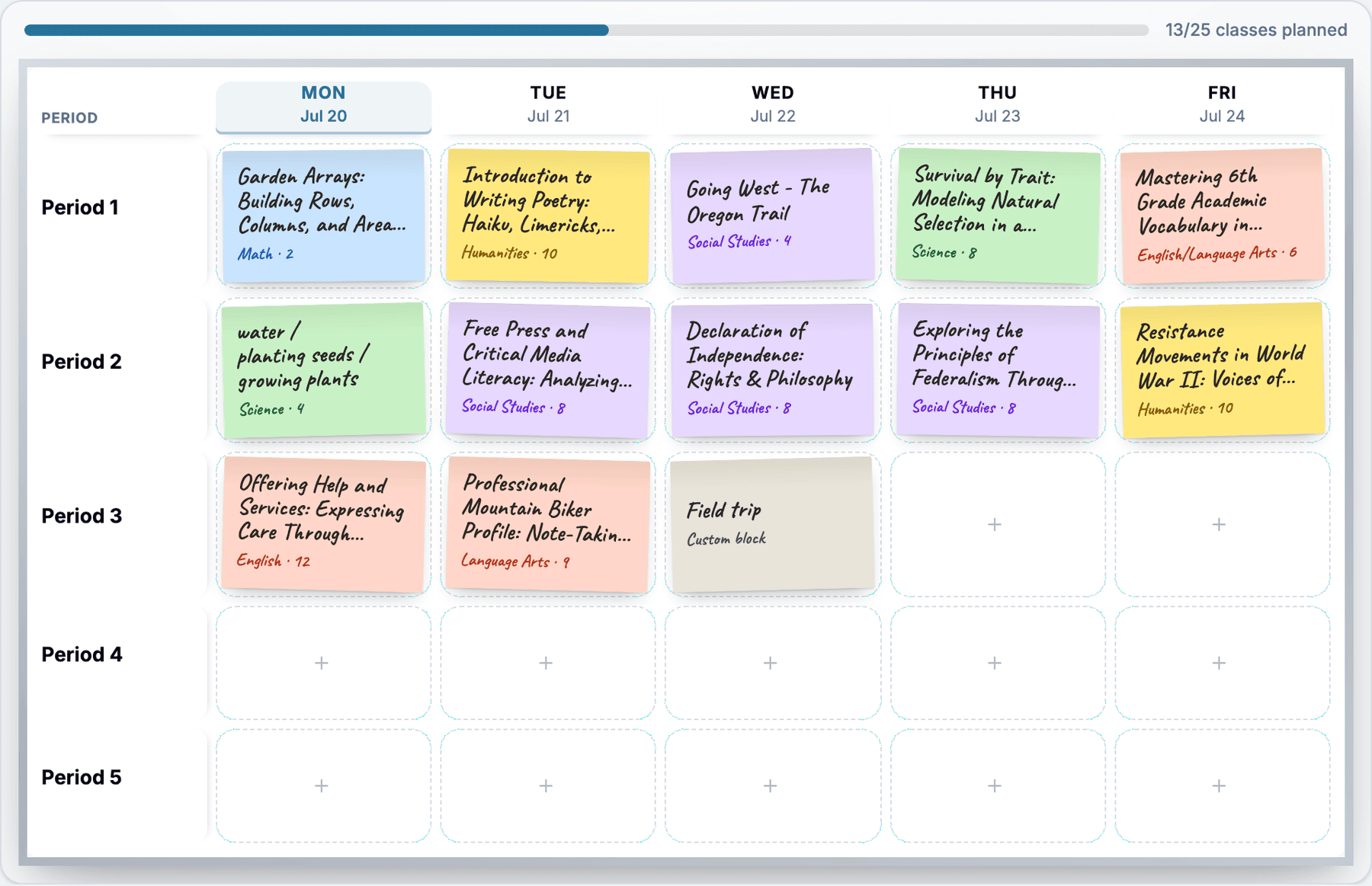 Weekly planner board with lessons placed across a five-day schedule